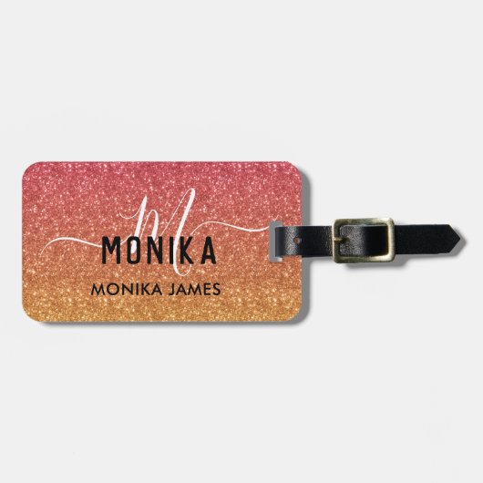 Monogram Peach und Gold Glitzer Ombre Custom Gepäckanhänger (Vorderseite horizontal)