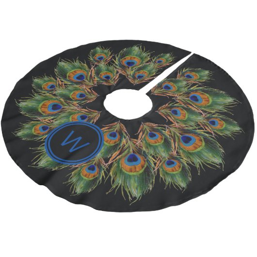 Monogram Peacock Feather Black Polyester Weihnachtsbaumdecke (Schrägansicht)