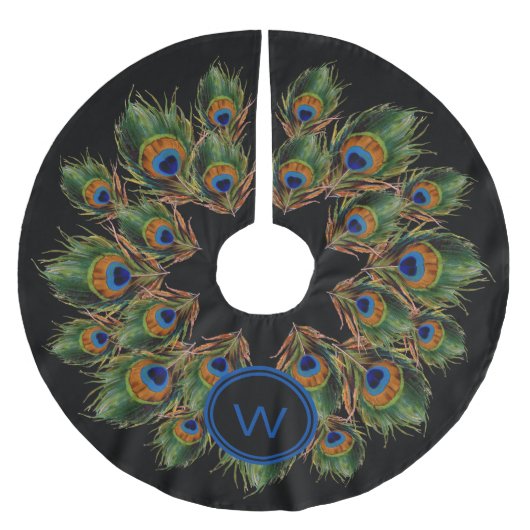 Monogram Peacock Feather Black Polyester Weihnachtsbaumdecke (Vorderseite)
