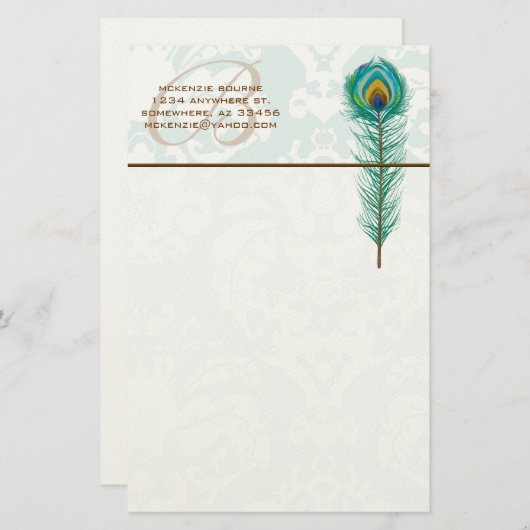 Monogram Peacock Feather Stationery Briefpapier (Vorne/Hinten)