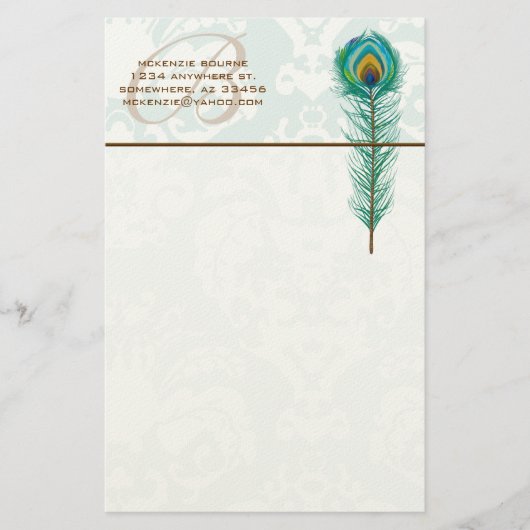 Monogram Peacock Feather Stationery Briefpapier (Vorderseite)