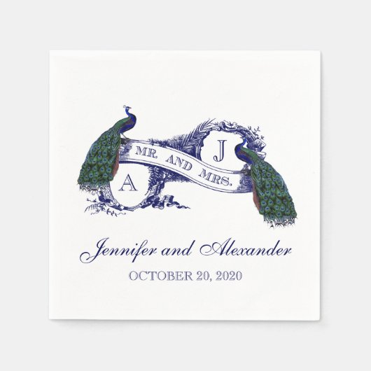 Monogram Peacock Wedding Paper Napkins Serviette (Vorderseite)
