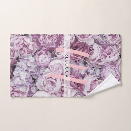 Monogram Peony Rose Floral Pink Script Badhandtuch Set (Handtuch)