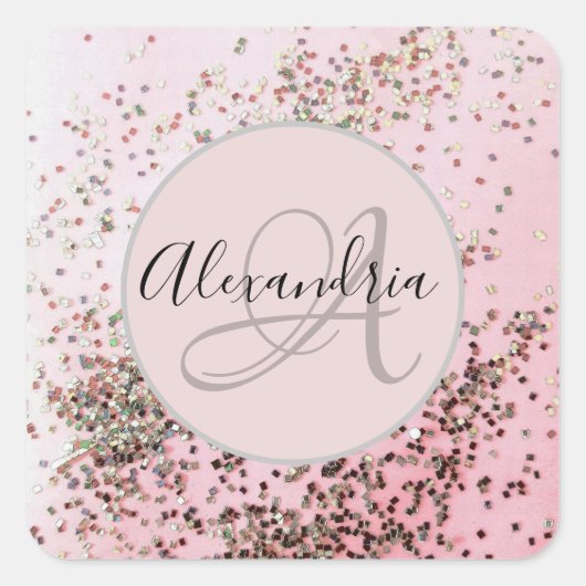 Monogram Personalisiert Champagne Pink Confetti Quadratischer Aufkleber (Vorderseite)