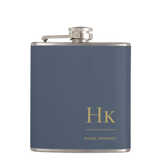 Monogram Personalisiert Classic Navy Blue Gold Flachmann (Vorderseite)