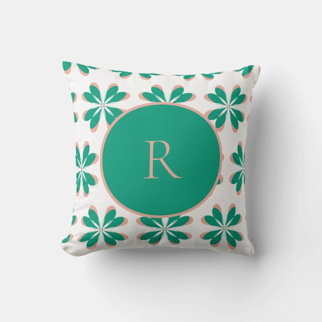 Monogram Personalisiert Green Floral Kissen (Vorderseite)