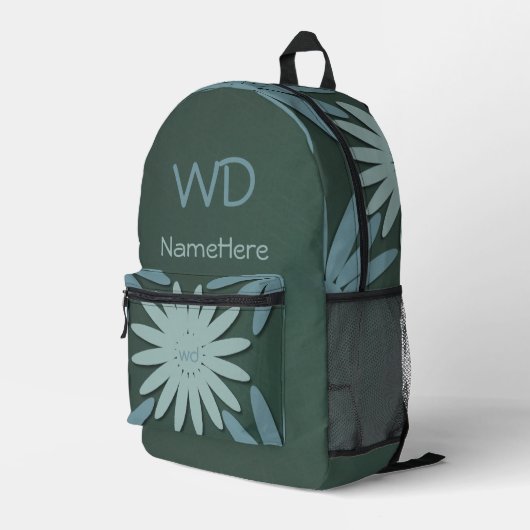 Monogram personalisiert Name Green Blue Blumen Bedruckter Rucksack (Rückseitige Ecke Rechts)