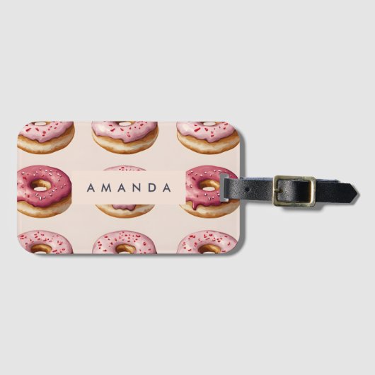 Monogram Personalisiert Pink Donut Pattern Gepäckanhänger (Vorderseite (Horizontal))