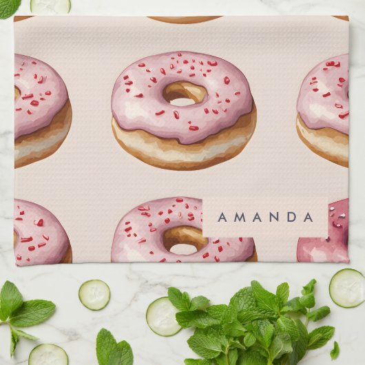 Monogram Personalisiert Pink Donut Pattern Geschirrtuch (Gefaltet)