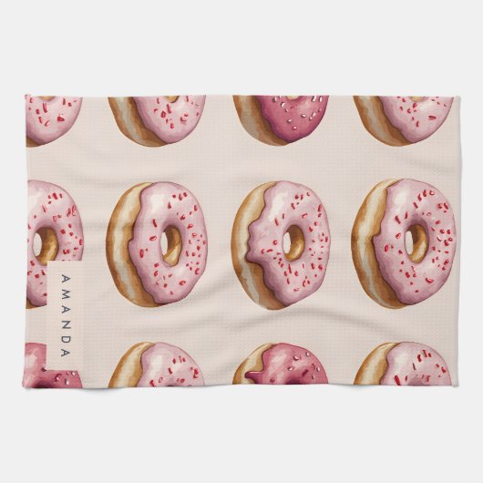 Monogram Personalisiert Pink Donut Pattern Geschirrtuch (Horizontal)