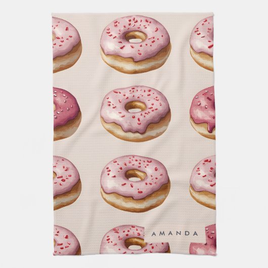 Monogram Personalisiert Pink Donut Pattern Geschirrtuch (Vertikal)