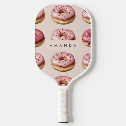 Monogram Personalisiert Pink Donut Pattern Pickleball Schläger (Vorderseite)