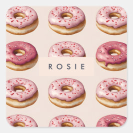 Monogram Personalisiert Pink Donut Pattern Quadratischer Aufkleber