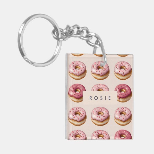 Monogram Personalisiert Pink Donut Pattern Schlüsselanhänger (Vorderseite links)