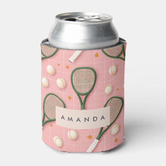 Monogram Personalisiert Retro Tennis Racket Muster Dosenkühler (Kanne Vorderseite)