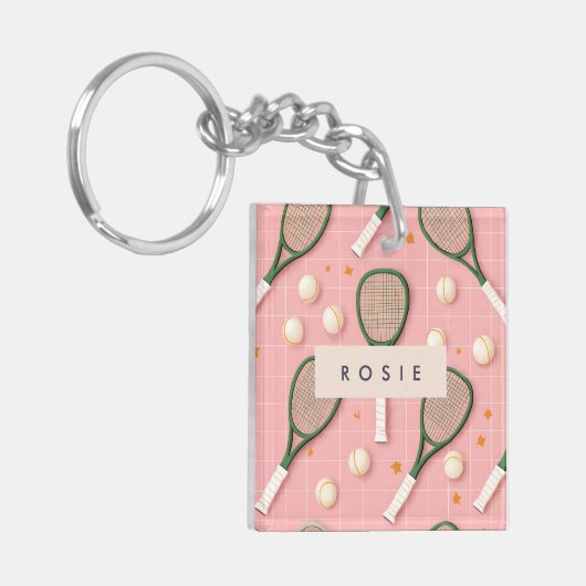 Monogram Personalisiert Retro Tennis Racket Muster Schlüsselanhänger (Vorderseite links)