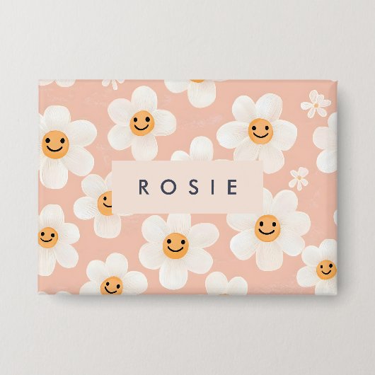 Monogram Personalisiert Smile Daisy Floral Muster Button (Vorderseite)