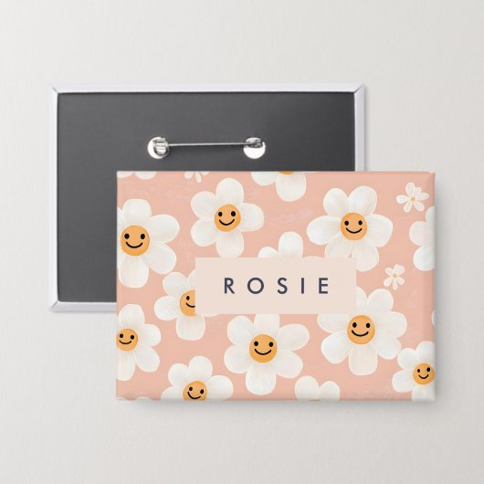 Monogram Personalisiert Smile Daisy Floral Muster Button (Vorderseite/Rückseite)