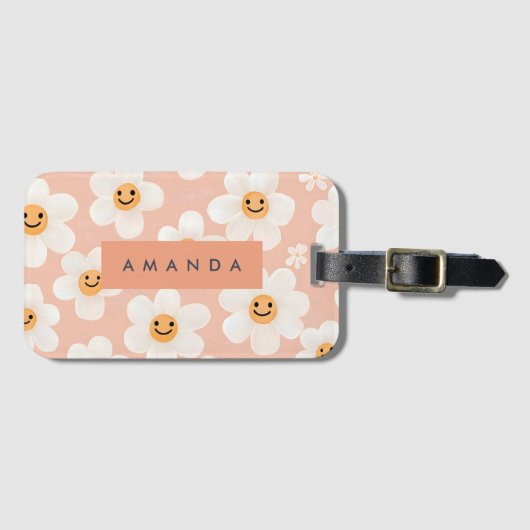 Monogram Personalisiert Smile Daisy Floral Muster Gepäckanhänger (Vorderseite (Horizontal))