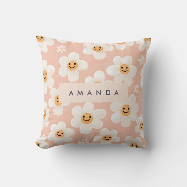 Monogram Personalisiert Smile Daisy Floral Muster Kissen (Vorderseite)