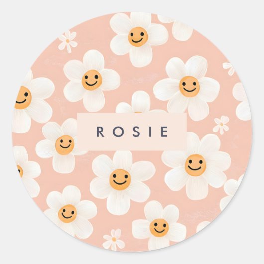 Monogram Personalisiert Smile Daisy Floral Muster Runder Aufkleber (Vorderseite)