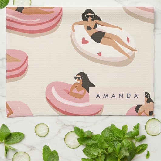 Monogram Personalisiert Summer Pool Floating Muste Geschirrtuch (Gefaltet)
