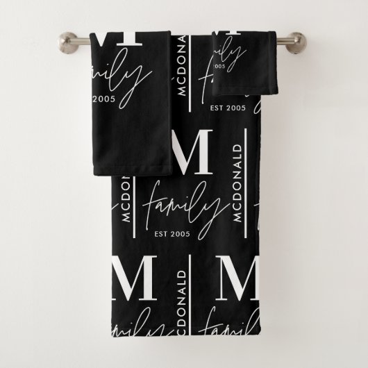 Monogram, personalisierte Schwarzweißfamilie Badhandtuch Set (Insitu)