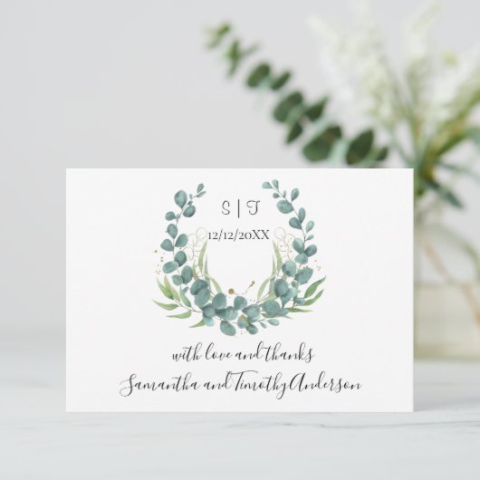 Monogram personalize Eukalyptus Script Wedding Dankeskarte (Stehend Vorderseite)