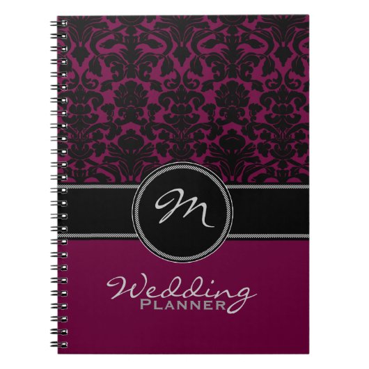 Monogram Pflaume Schwarz-weiß Damask Hochzeitsplan Notizblock (Vorderseite)