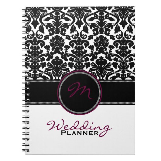 Monogram Pflaume Schwarz-weiß Damask Hochzeitsplan Notizblock (Vorderseite)