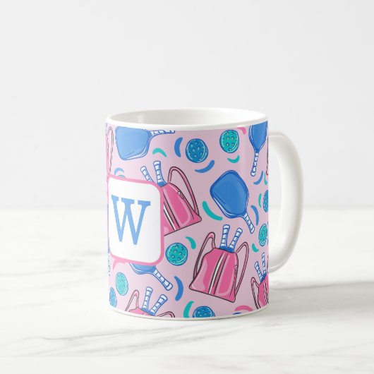 Monogram Pickleball Paddles and Balls Pink Preppy Kaffeetasse (VorderseiteRechts)