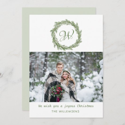 Monogram Pine Wreath Christmas Foto Feiertagskarte (Vorne/Hinten)