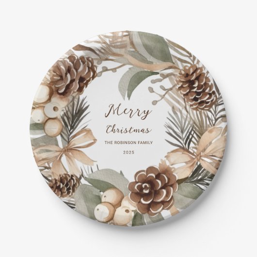 Monogram Pinecone Winter Wreath Frohe Weihnachten Pappteller (Vorderseite)