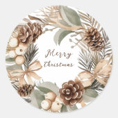 Monogram Pinecone Winter Wreath Frohe Weihnachten Runder Aufkleber (Vorderseite)