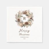 Monogram Pinecone Winter Wreath Frohe Weihnachten Serviette (Vorderseite)