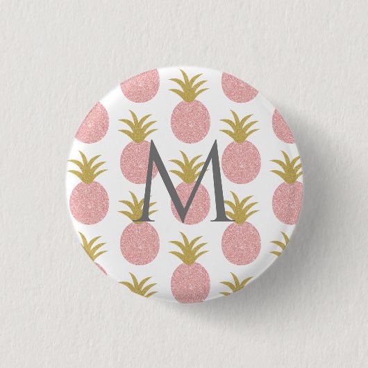 Monogram Pink and Gold Glitzer Ananas Button (Vorderseite)