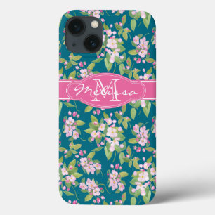 Monogram Pink Apple Blossom auf Dunkelblau iPhone 13 Hülle