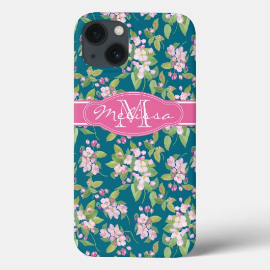 Monogram Pink Apple Blossom auf Dunkelblau Case-Mate iPhone Hülle (Rückseite)