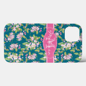 Monogram Pink Apple Blossom auf Dunkelblau Case-Mate iPhone Hülle (Rückseite (Horizontal))