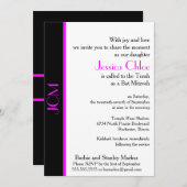 Monogram Pink Black Bat Mitzvah Einladung (Vorne/Hinten)