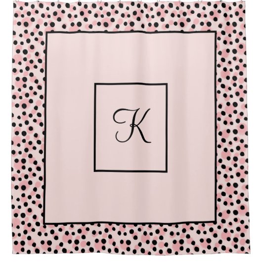 Monogram Pink Black Polka Dot Gepunktete Punkte Duschvorhang (Vorderseite)