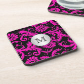 Monogram Pink Black Silver Damask Untersetzer Set (Linke Seite)