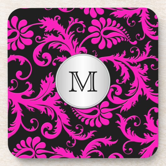 Monogram Pink Black Silver Damask Untersetzer Set (Vorderseite)