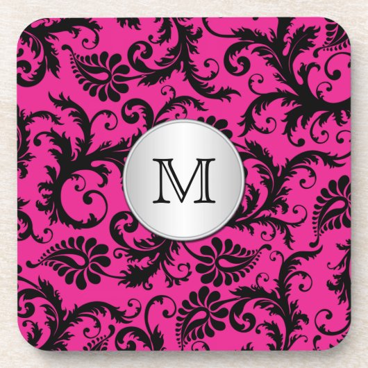 Monogram Pink Black Silver Damask Untersetzer Set (Vorderseite)