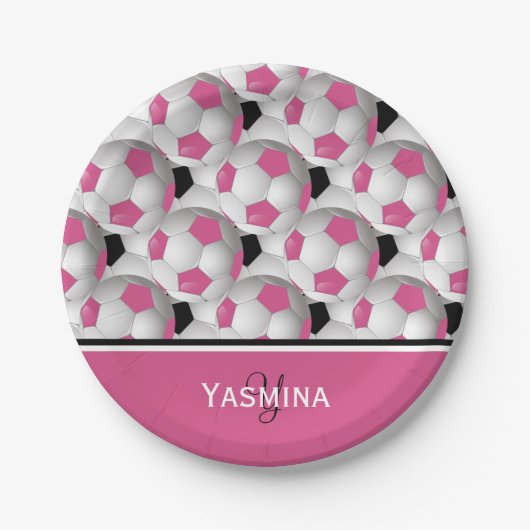Monogram Pink Black Soccer Ball Pattern Pappteller (Vorderseite)