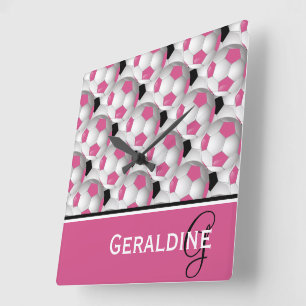 Monogram Pink Black Soccer Ball Pattern Quadratische Wanduhr