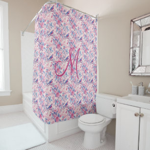Monogram Pink Blue Birds Floral Toile Chinoiserie Duschvorhang