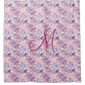 Monogram Pink Blue Birds Floral Toile Chinoiserie Duschvorhang (Vorderseite)