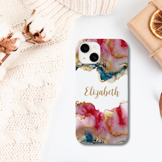 Monogram Pink Blue Gold Wash Aquarell Abstrakt Case-Mate iPhone Hülle