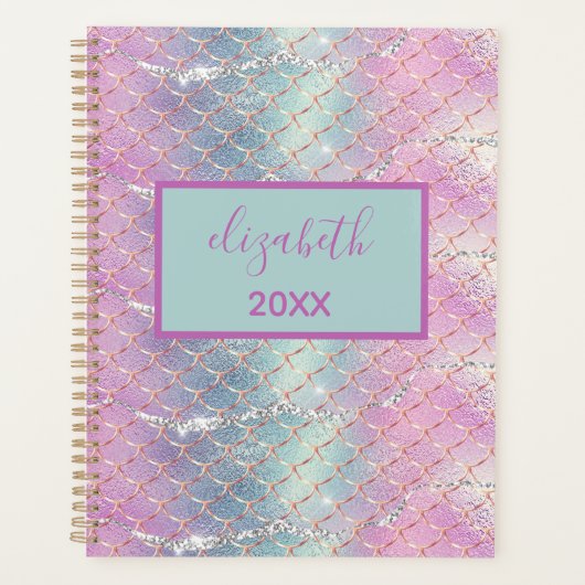 Monogram Pink Blue Silver Glitzer Mermaid Scales Planer (Vorderseite)